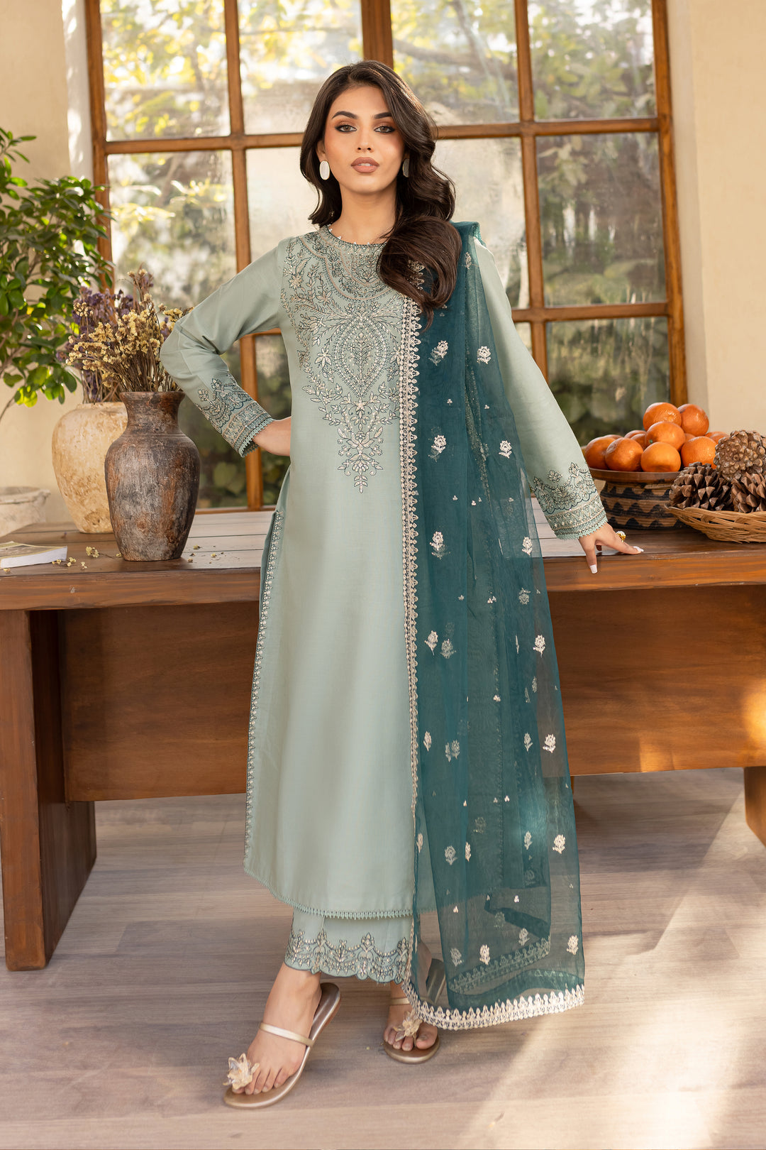 Sea Sand 3Pc Embroidered Set (Chiffon Dupatta)