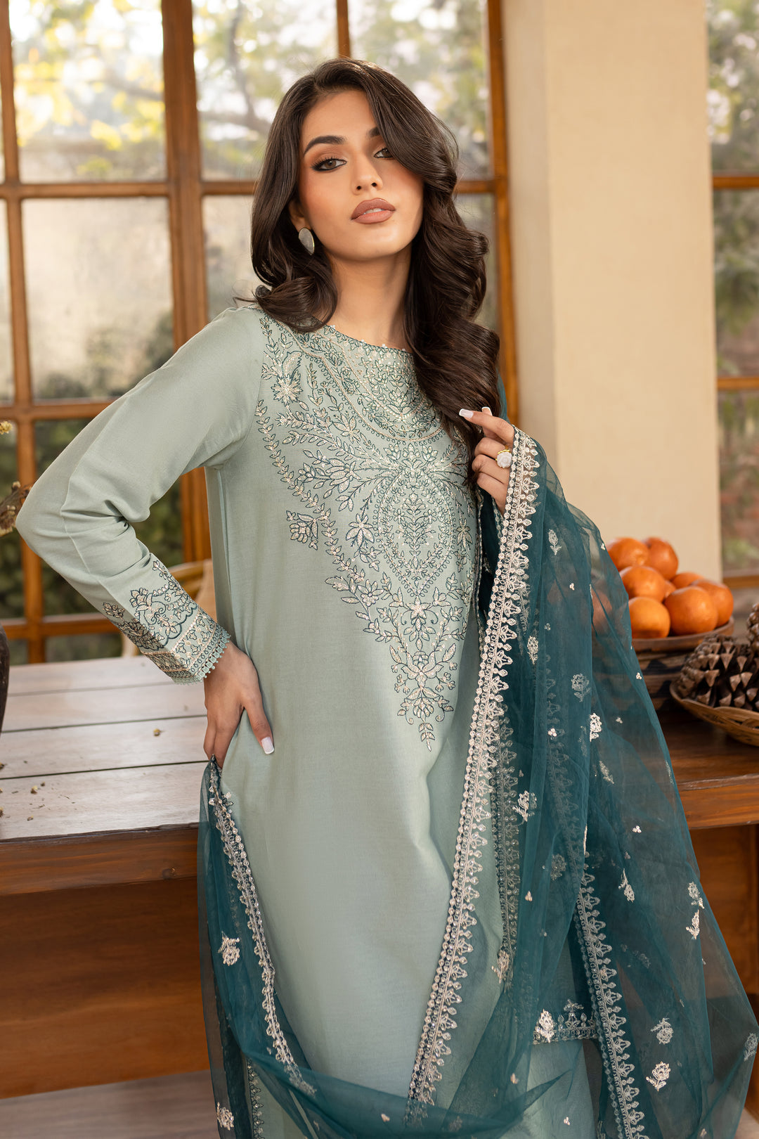 Sea Sand 3Pc Embroidered Set (Chiffon Dupatta)