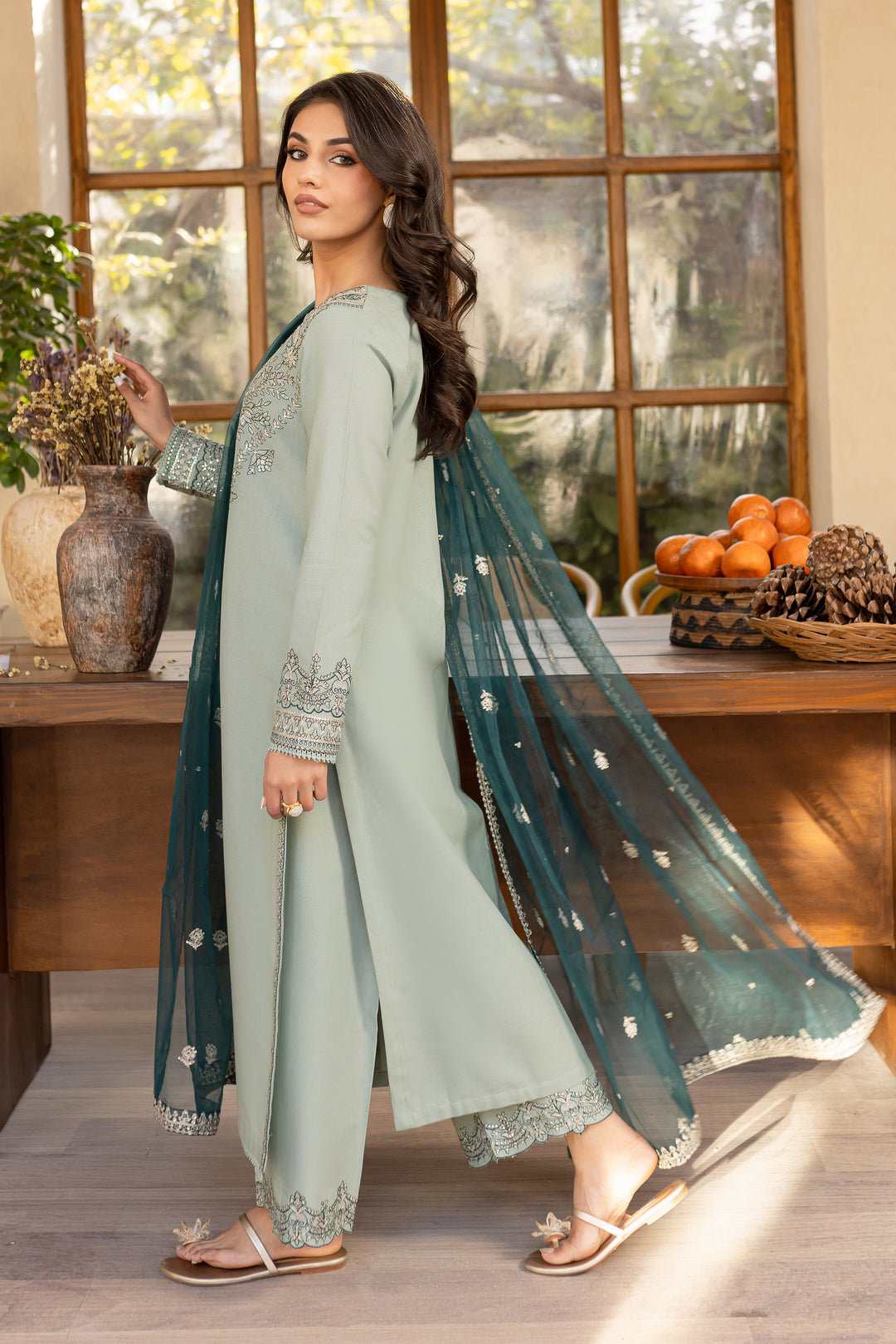 Sea Sand 3Pc Embroidered Set (Chiffon Dupatta)