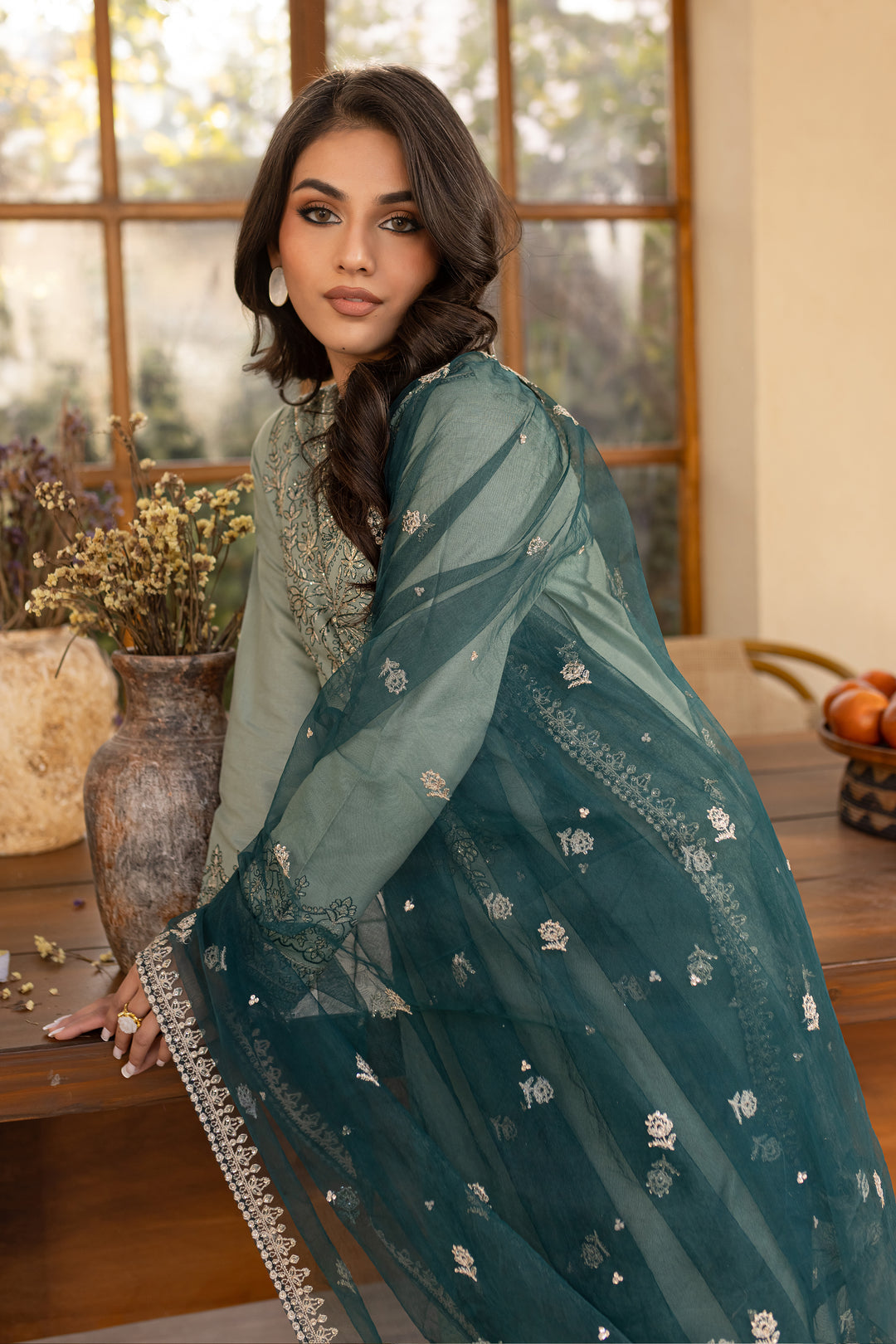 Sea Sand 3Pc Embroidered Set (Chiffon Dupatta)