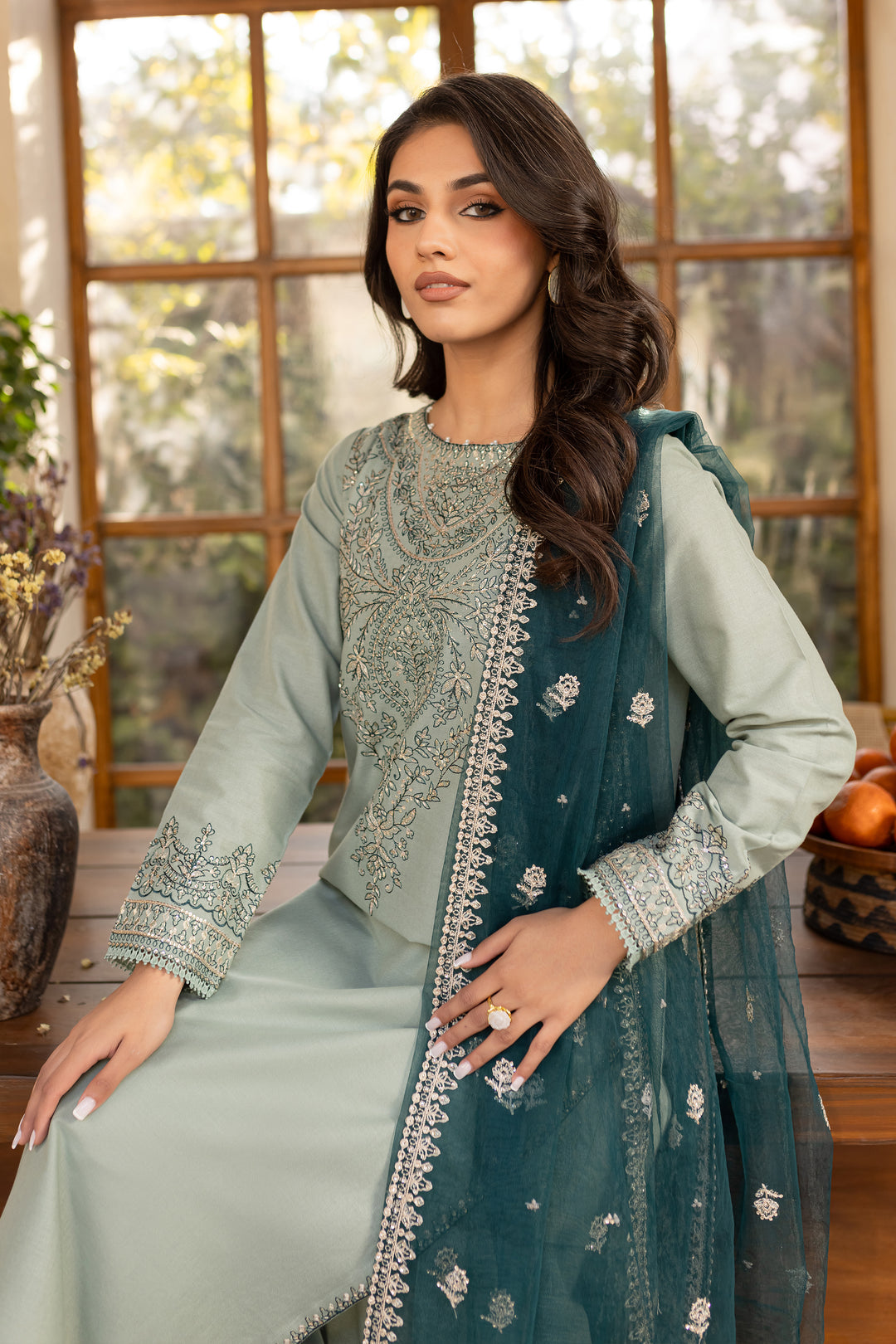 Sea Sand 3Pc Embroidered Set (Chiffon Dupatta)